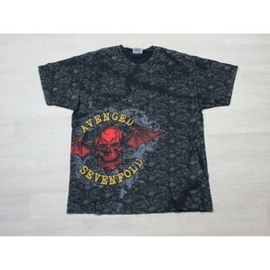 VTG Early 2000s Avenged Sevenfold Band Deathbat Skull All Over Print T Shirt (L)